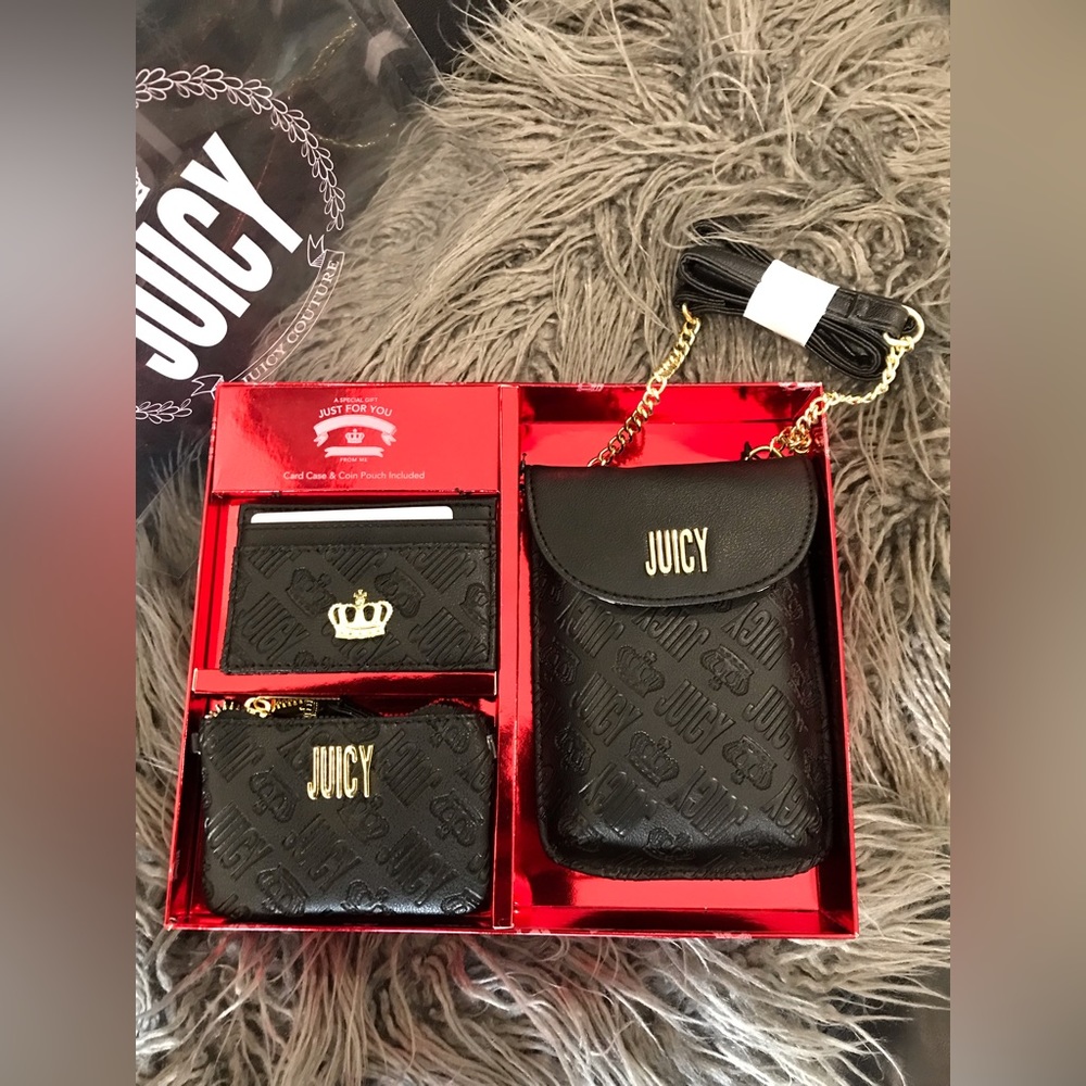 juicy couture cell phone crossbody/card Case/coin pouch gift set/black/NIB
